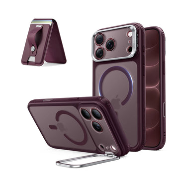 iPhone 18 Pro Max Classic Hybrid Magnetic Case with Camera Control and Flex Stand, Plus Geo Wallet Stand Bundle - Frosted Deep Burgundy