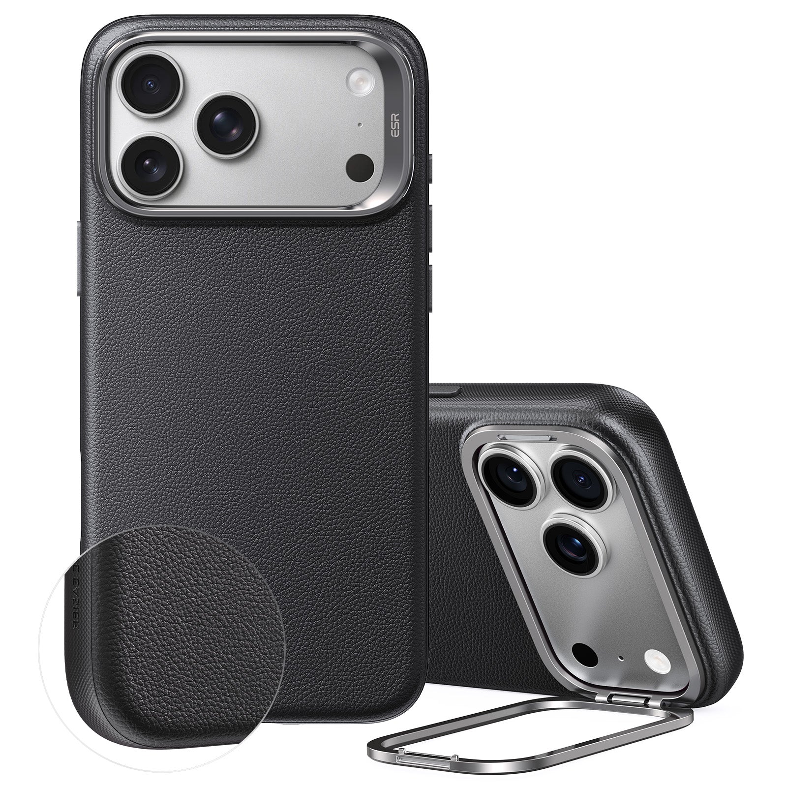 Black Vegan Leather iPhone 18 Pro Magsafe Case with Stand