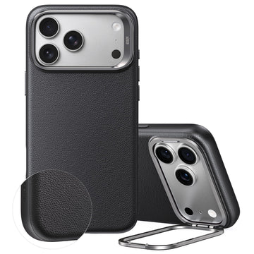 Black Vegan Leather iPhone 18 Pro Magsafe Case with Stand