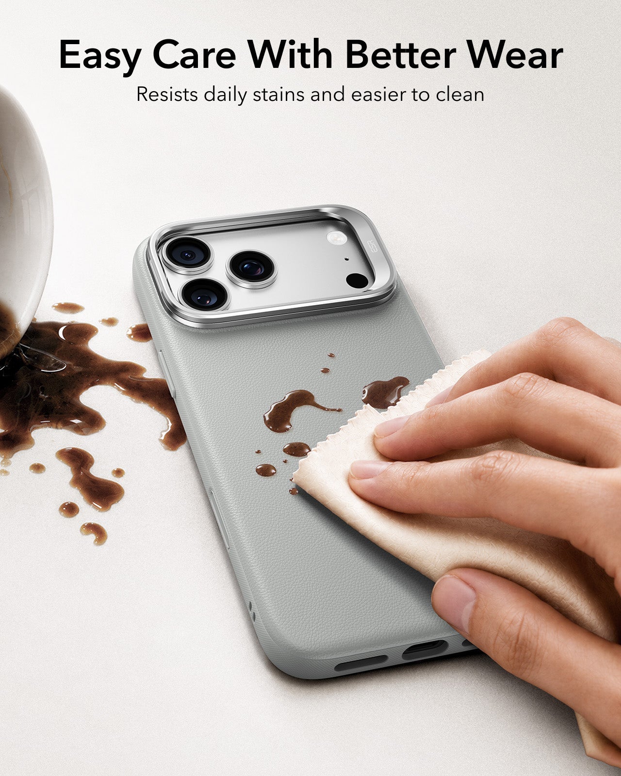 ESR Light Gray Leather iPhone 18 Pro Magsafe Case with Stand Easy Care With Better Wear
