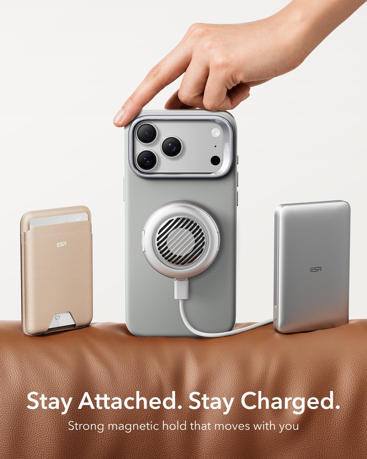 ESR Light Gray Leather iPhone 18 Pro Magsafe Case with Stand Stay Attached. Stay Charged