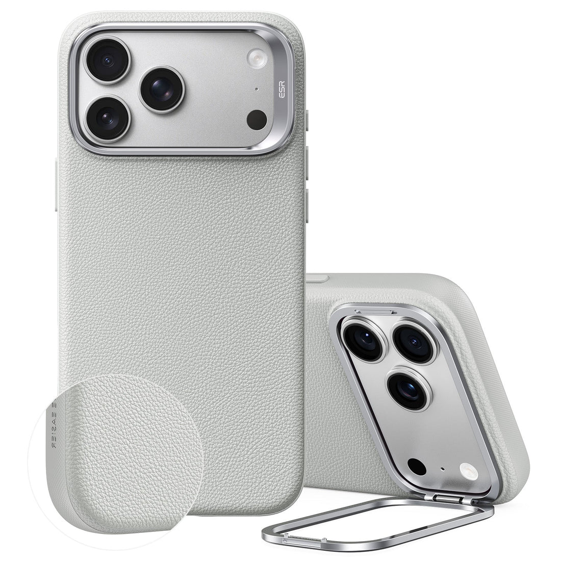 Light Gray Vegan Leather iPhone 18 Pro Magsafe Case with Stand
