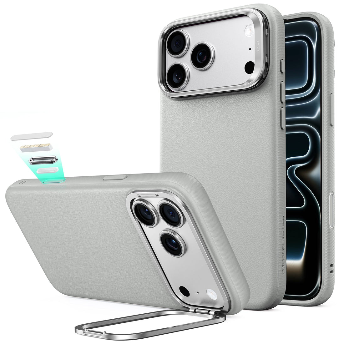ESR Light Gray Leather iPhone 18 Pro Max Magsafe Case with Stand