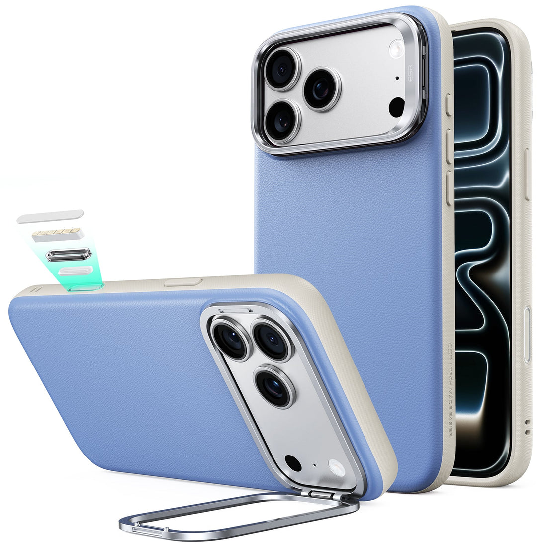 Misty Blue Leather iPhone 18 Pro Max Magsafe Case with Stand