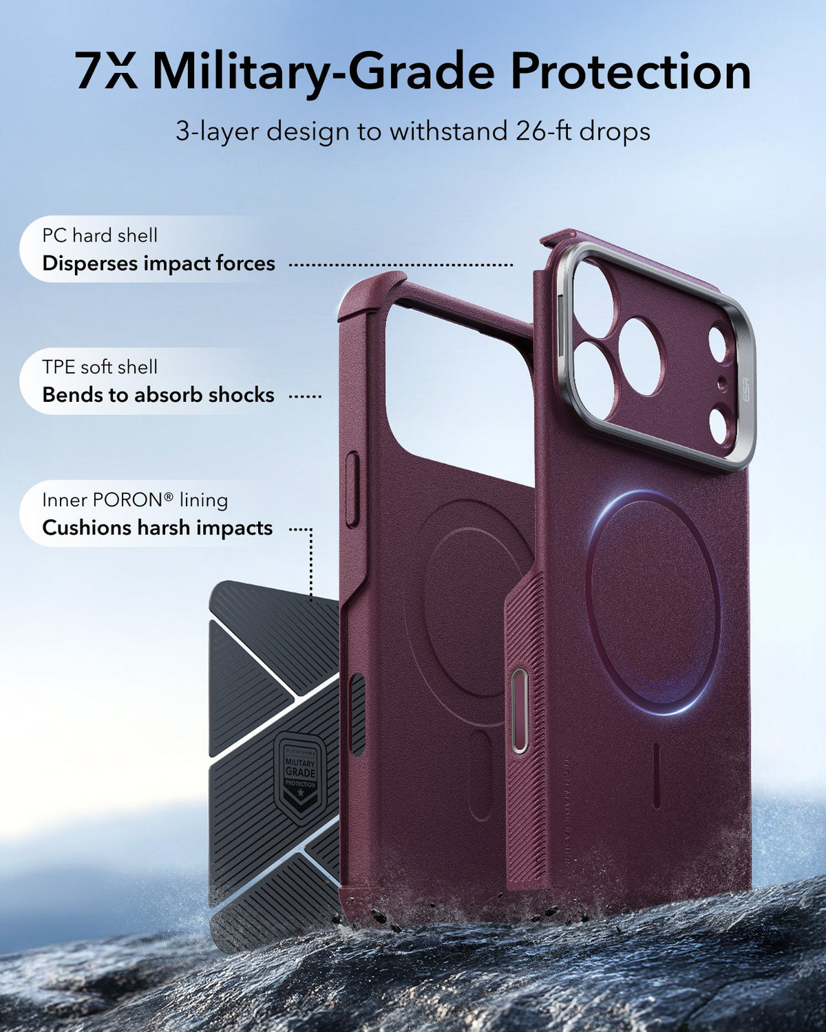 ESR Deep Burgundy iPhone 18 Pro Max Tough Phone Case Magsafe with Stand 7X Military-Grade Protection