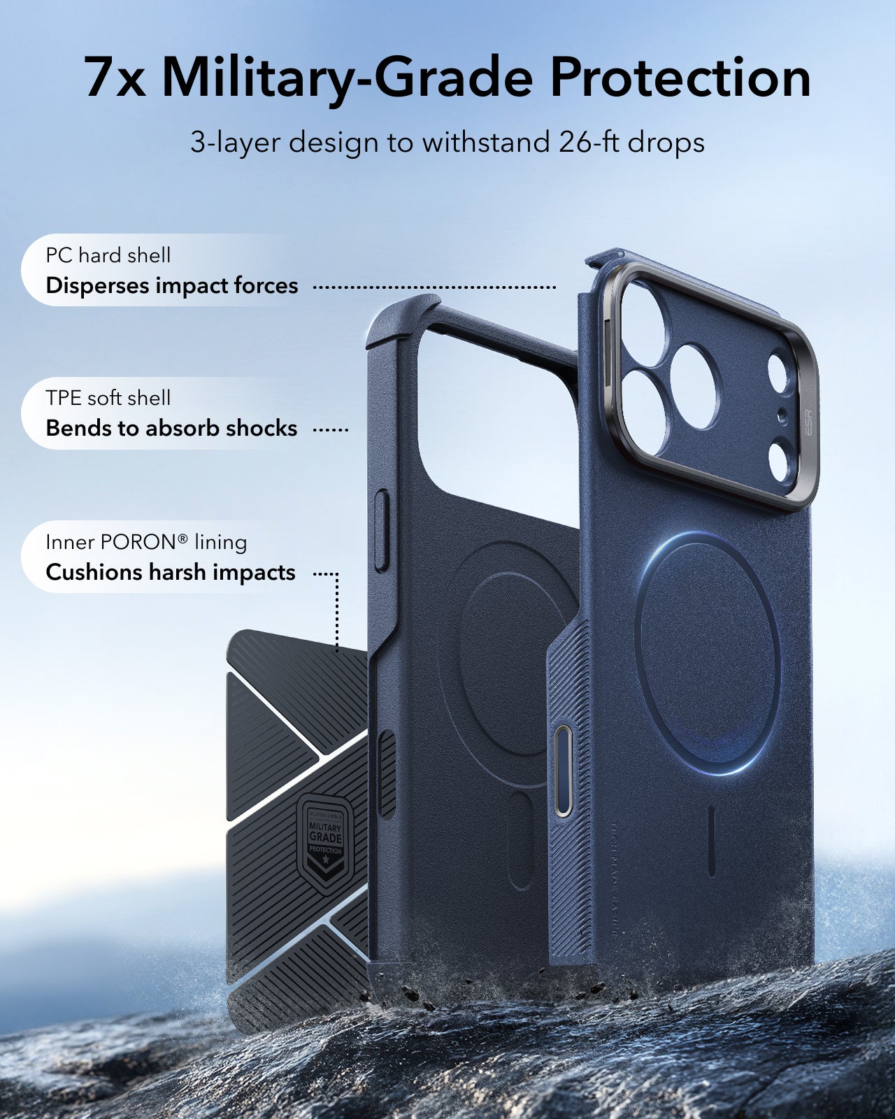 ESR Navy Blue iPhone 18 Pro Max Tough  Phone Case Magsafe with Stand 7X Military-Grade Protection