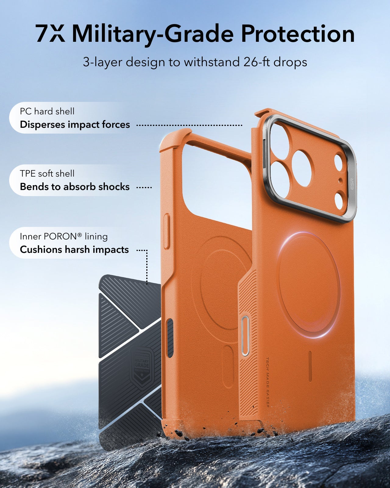 ESR Orange iPhone 18 Pro Max Tough Phone Case Magsafe with Stand 7X Military-Grade Protection