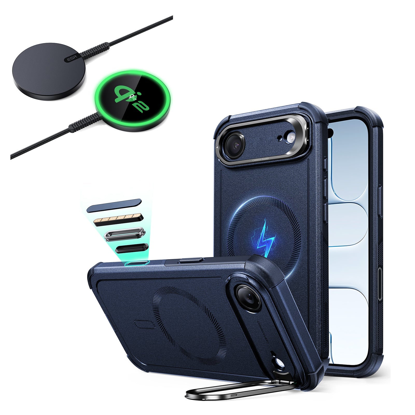 iPhone Air Cyber Tough Magsfae Case with Stand and Qi2 wireless Charger Blue