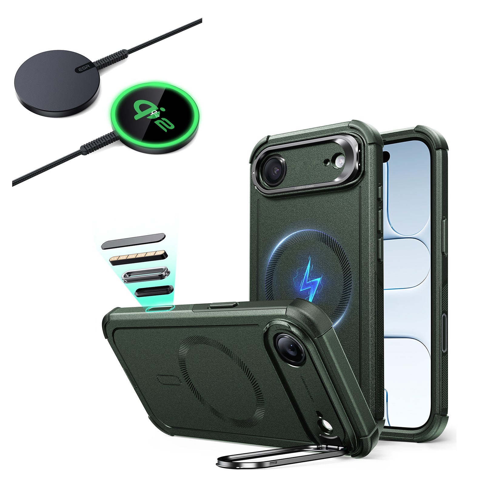 iPhone Air Cyber Tough Magsfae Case with Stand and Qi2 wireless Charger Green