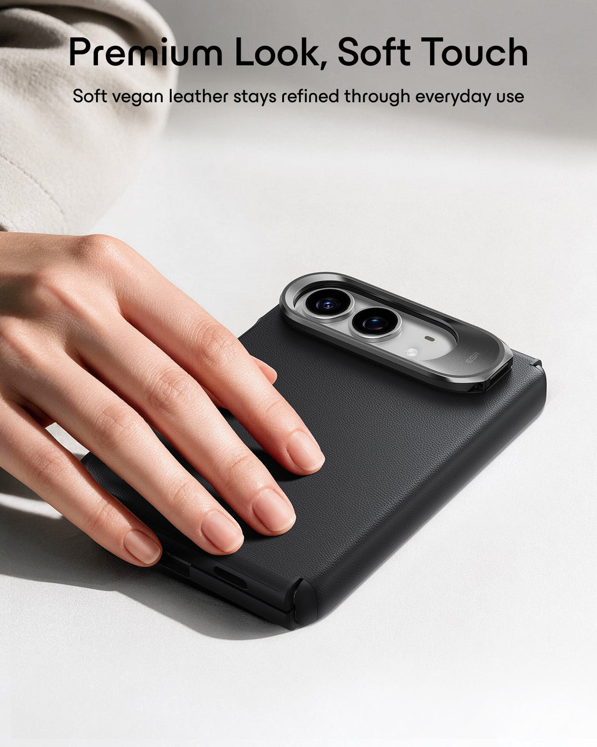 Black Vegan Leather iPhone Duo Magsafe Case with Stand Premium Look, Soft Touch