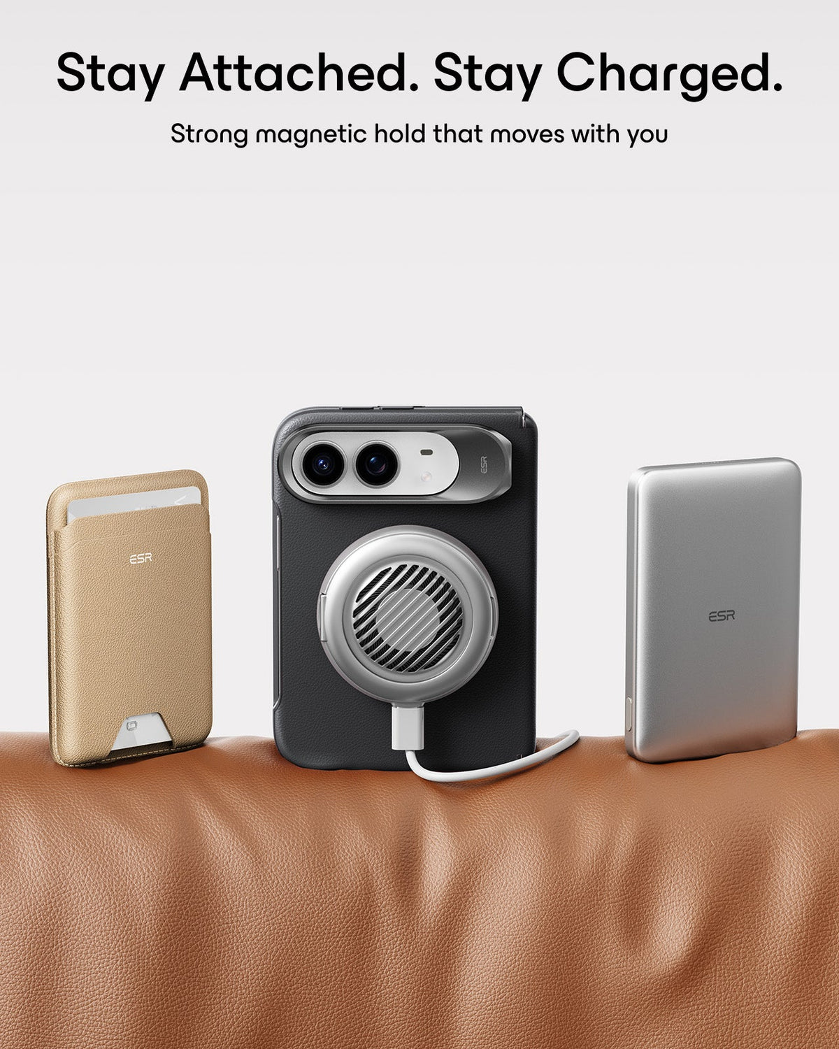 Black Vegan Leather iPhone Duo Magsafe Case with Stand Stay Attached. Stay Charged.