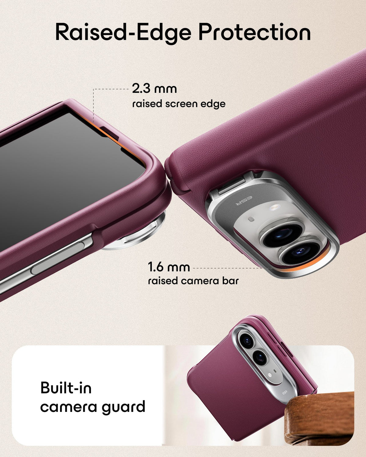 Deep Burgundy Vegan Leather iPhone Duo Magsafe Case with Stand Raised-Edge Protection