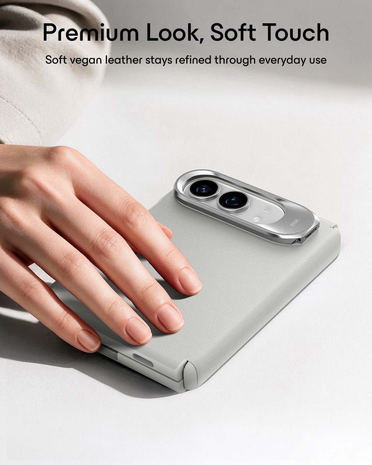 Light Gray Vegan Leather iPhone Duo Magsafe Case with Stand Premium Look, Soft Touch