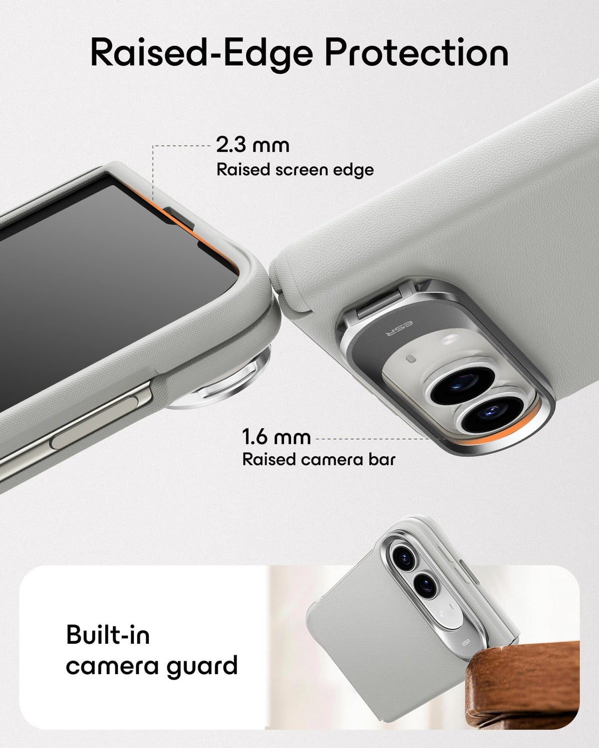 Light Gray Vegan Leather iPhone Duo Magsafe Case with Stand Raised-Edge Protection