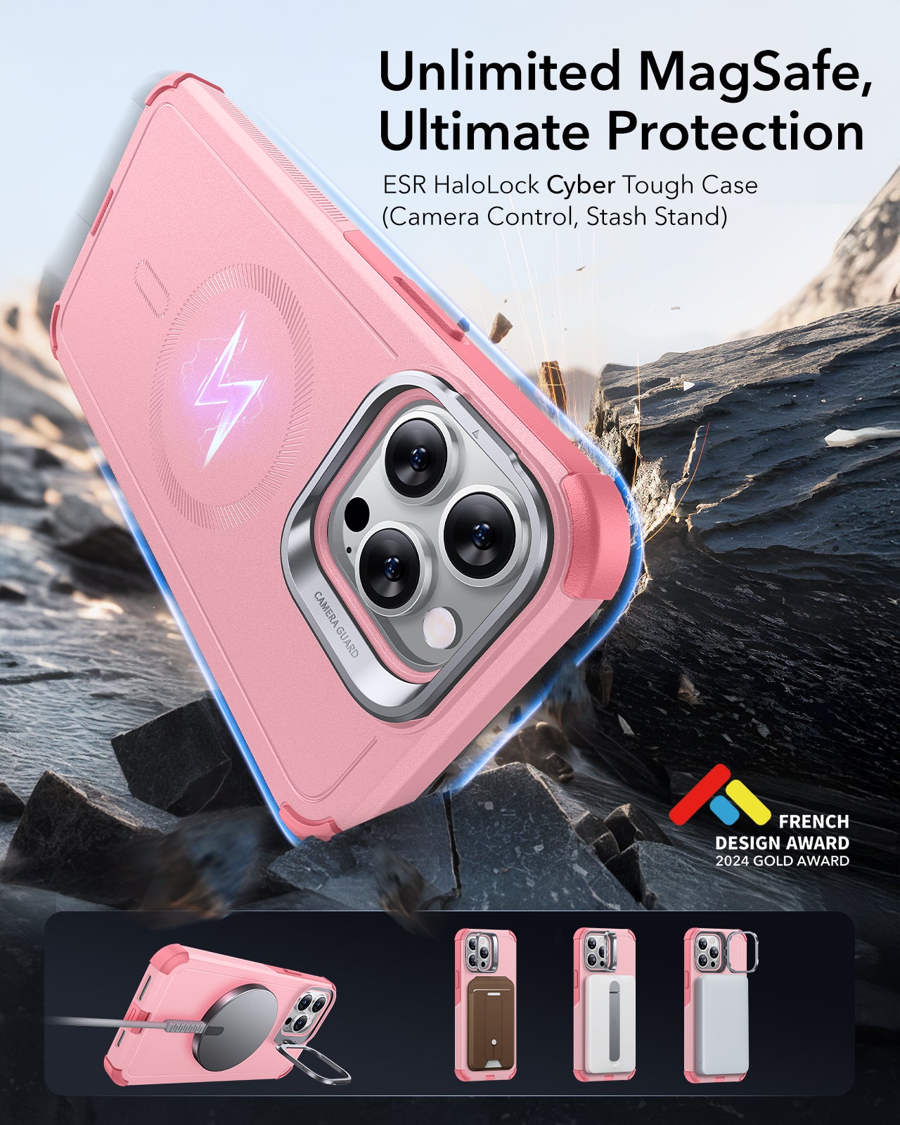 Pink Magsafe Case iPhone 13 Pro Max Pink Cyber Tough MagSafe Case with Stand - ESR