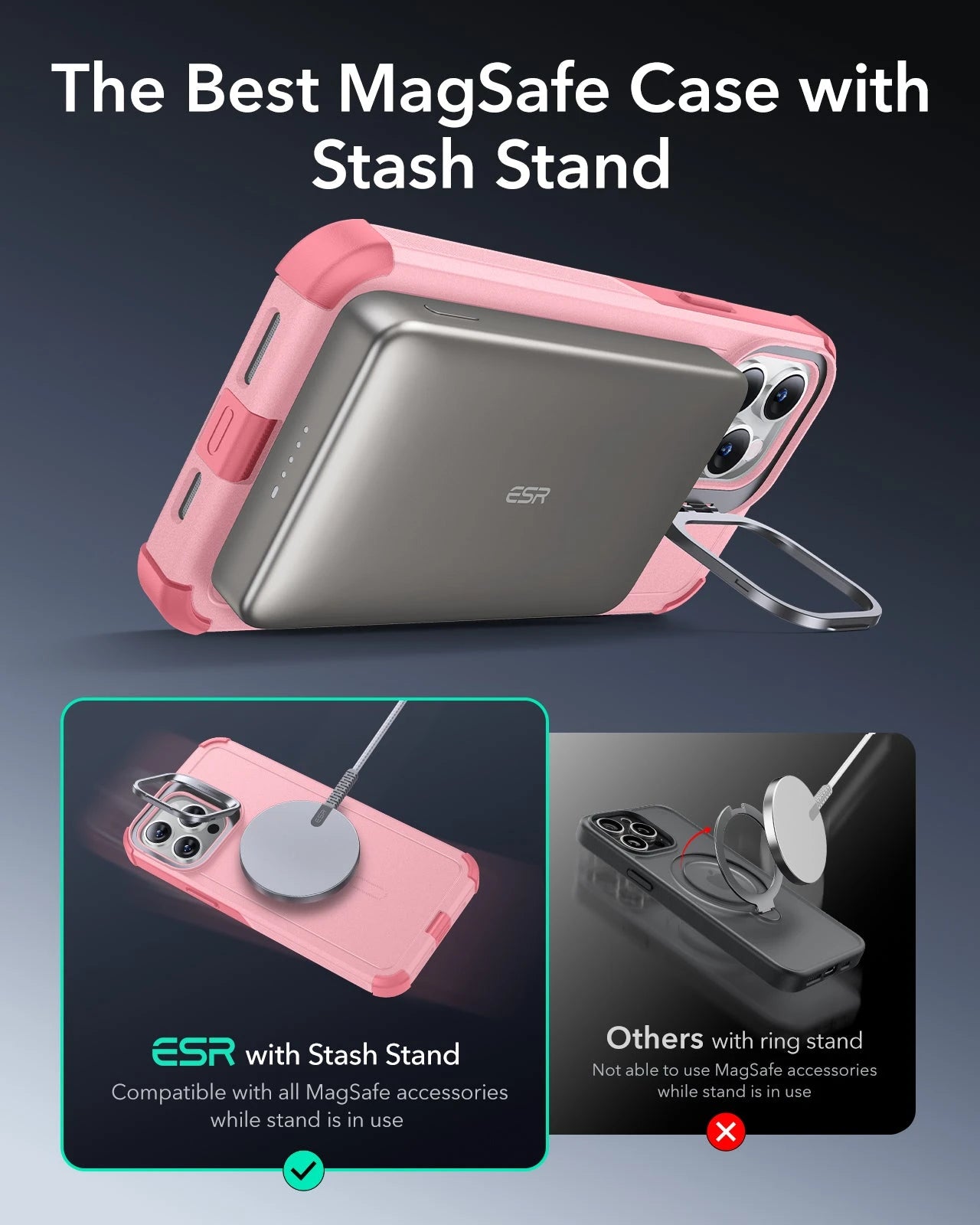 IPhone 13 Pro Max Pink Cyber Tough MagSafe Case With Stand ESR iphone-13-pro-max-pink-cyber-tough-magsafe-case-with-stand-esr