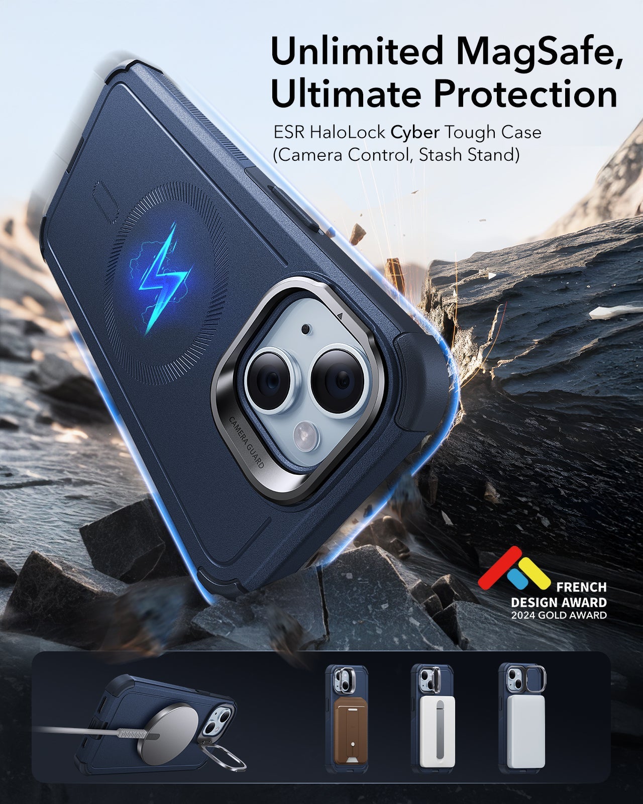 iPhone 14/13 Cyber Tough Magnetic Case (Stash Stand) - Dark Blue ESR ESR