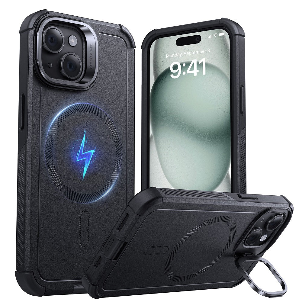 iPhone 15 Cyber Tough Case with Stash Stand (HaloLock) - Black ESR ESR