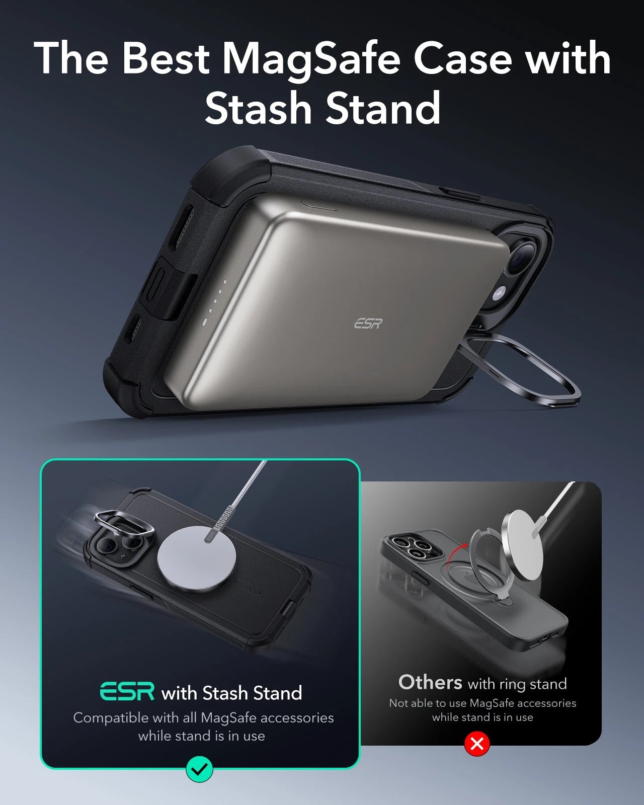 iPhone 15 Cyber Tough Case with Stash Stand (HaloLock) - Black ESR ESR