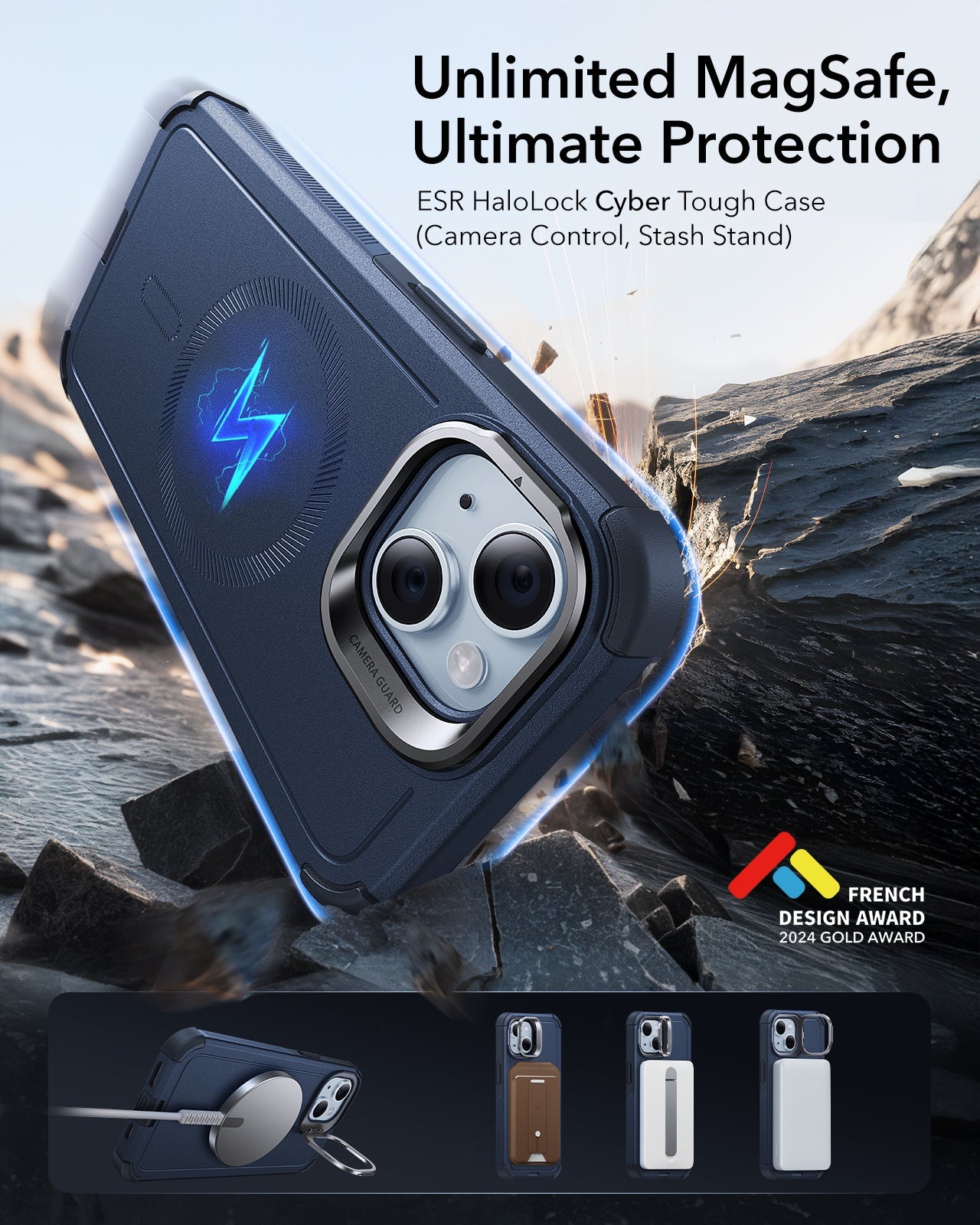 iPhone 15 Cyber Tough Case with Stash Stand (HaloLock) - Dark Blue ESR ESR