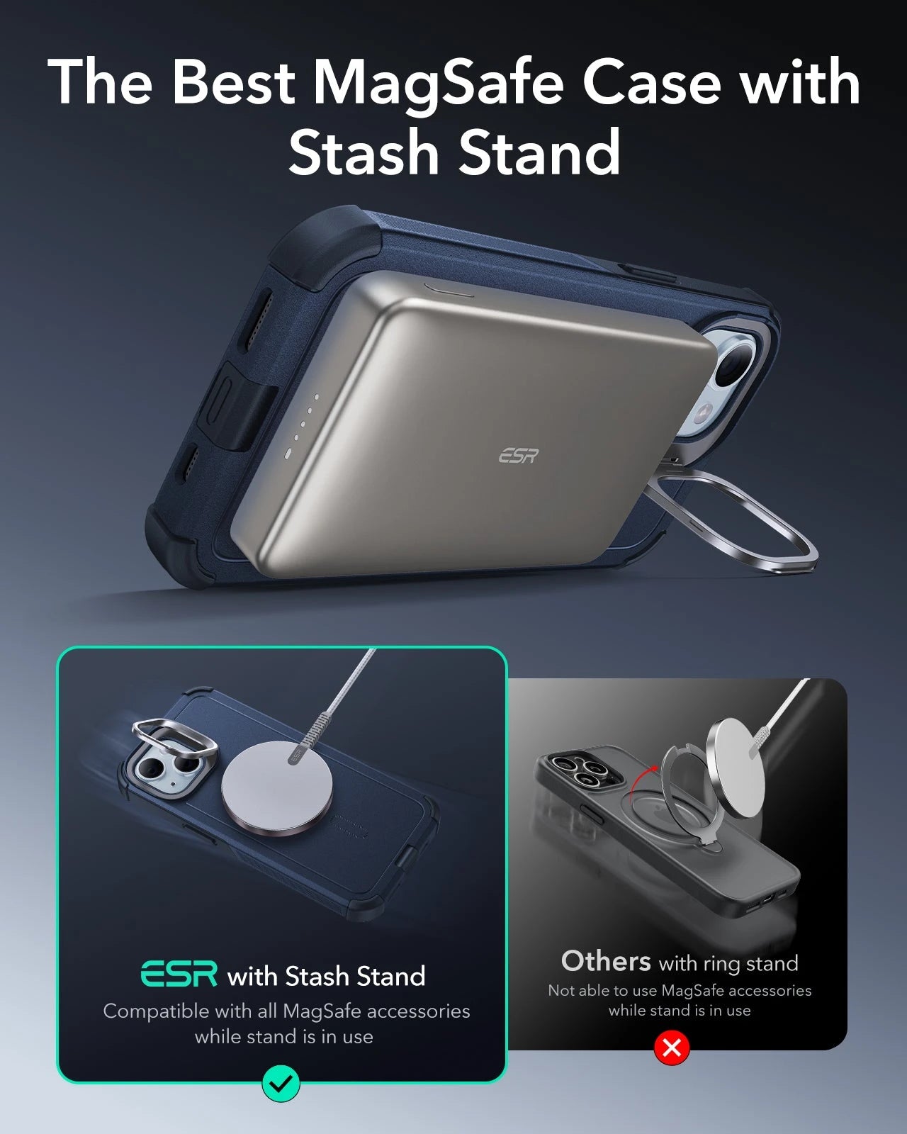 iPhone 15 Cyber Tough Case with Stash Stand (HaloLock) - Dark Blue ESR ESR
