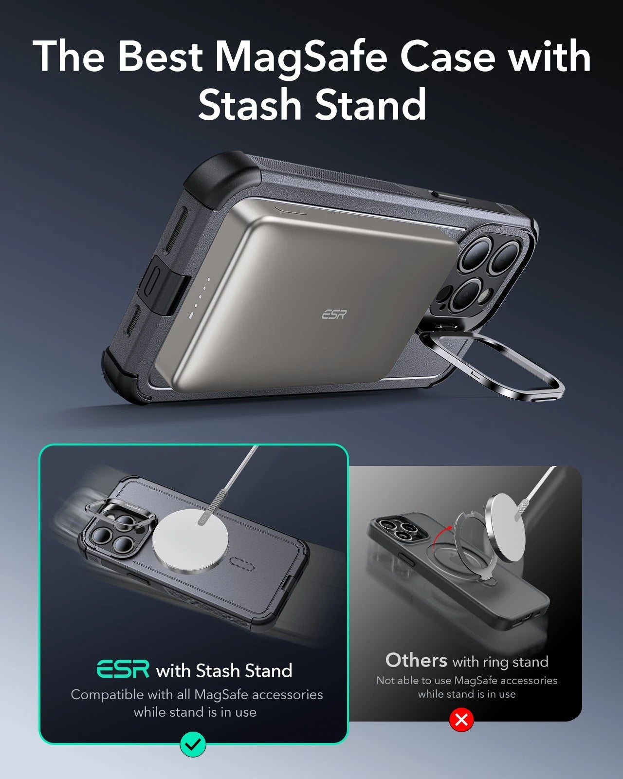 iPhone 15 Pro Cyber Tough Case with Stash Stand (HaloLock) - Gray ESR ESR
