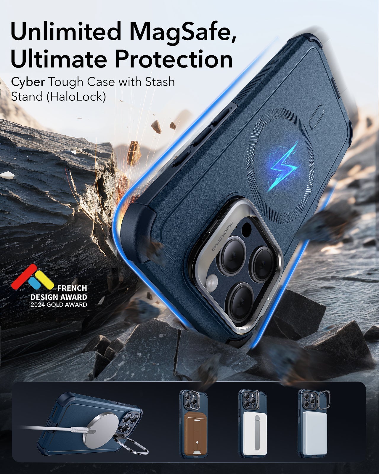 iPhone 15 Pro Cyber Tough Case with Stash Stand (HaloLock) - Dark Blue ESR ESR