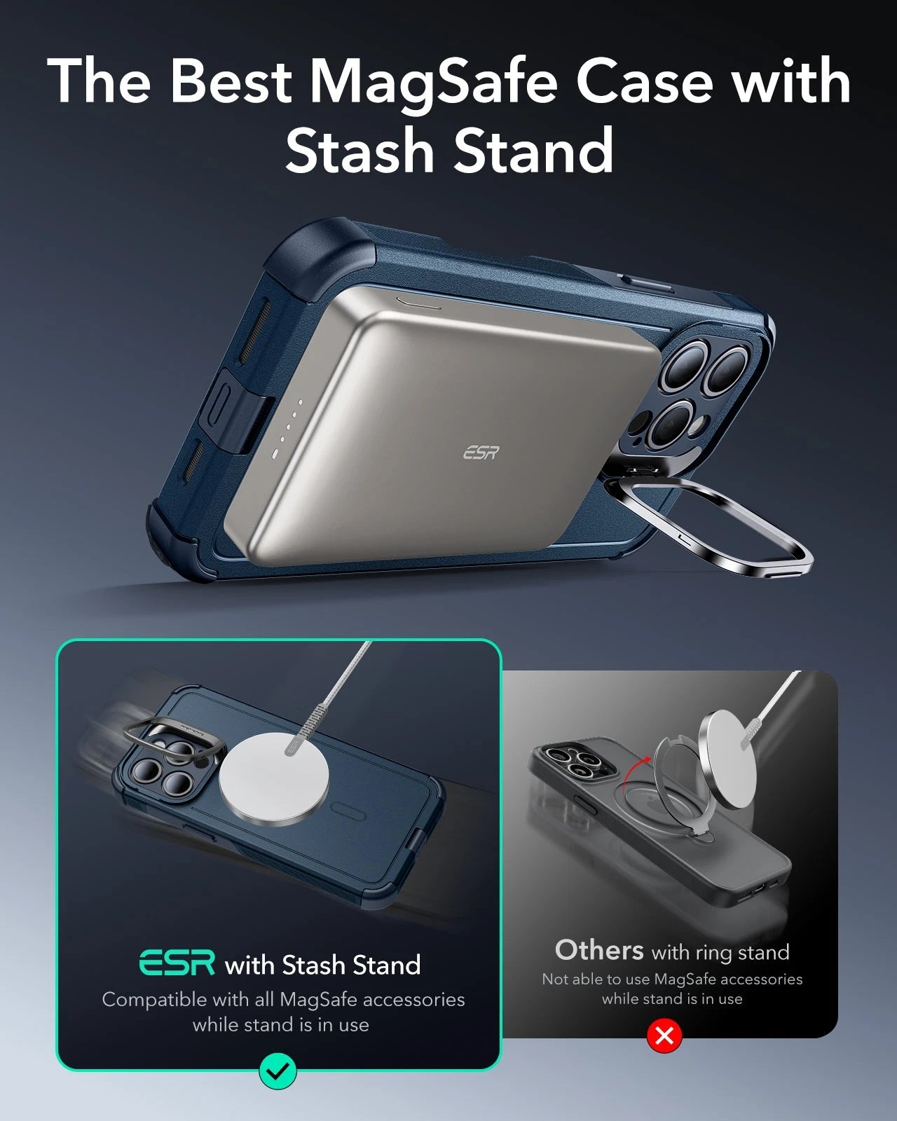 iPhone 15 Pro Cyber Tough Case with Stash Stand (HaloLock) - Dark Blue ESR ESR