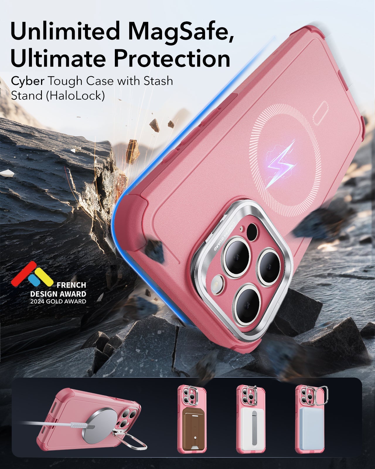 iPhone 15 Pro Cyber Tough Case with Stash Stand (HaloLock) - Pink ESR ESR