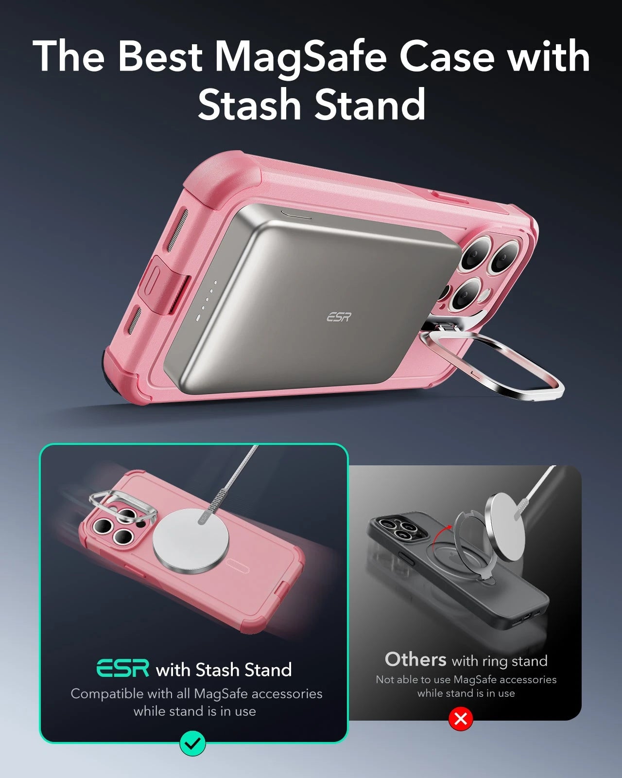 iPhone 15 Pro Cyber Tough Case with Stash Stand (HaloLock) - Pink ESR ESR