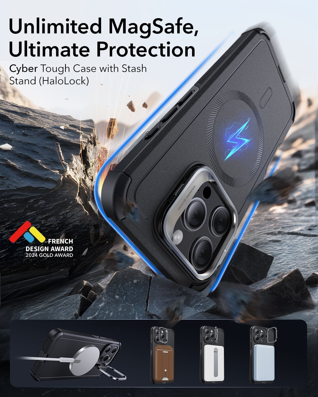 iPhone 15 Pro Max Cyber Tough Case with Stash Stand (HaloLock) - Black ESR ESR