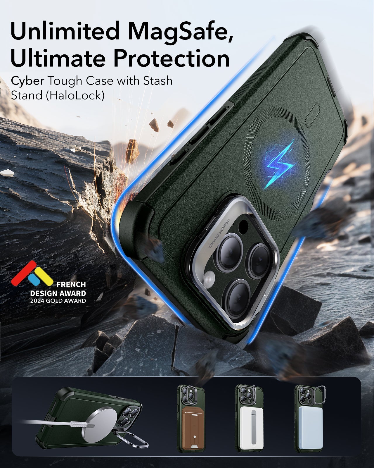 iPhone 15 Pro Max Cyber Tough Case with Stash Stand (HaloLock) - Dark Green ESR ESR