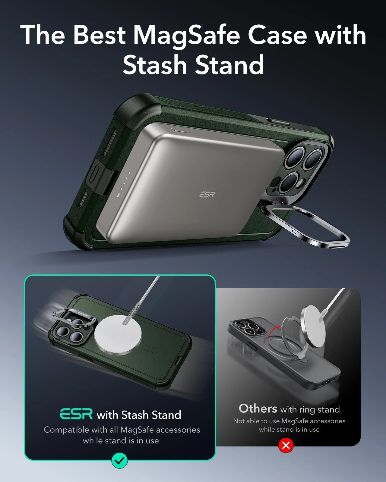 iPhone 15 Pro Max Cyber Tough Case with Stash Stand (HaloLock) - Dark Green ESR ESR