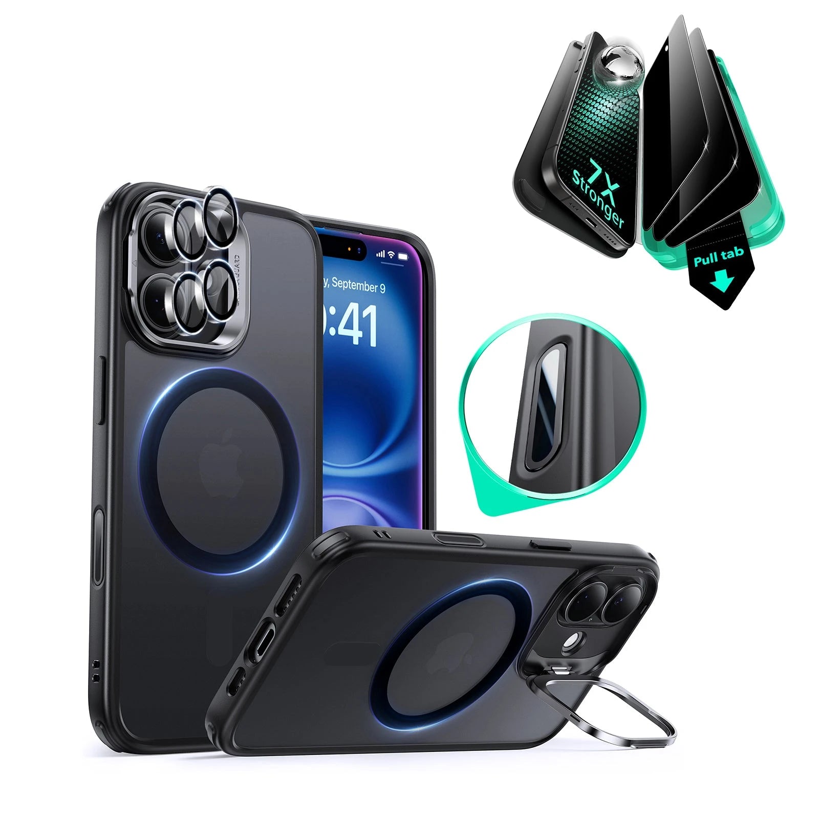 iPhone 16 Classic Hybrid Magnetic Case (Camera Control, Stash Stand) & Privacy Screen Protector Bundle - Frosted Black ESR ESR