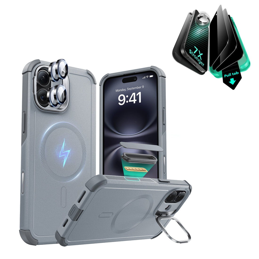 iPhone 16 Cyber Tough Magnetic Case Privacy Protection Bundle (Camera Control, Stash Stand) - Light Grey ESR ESR