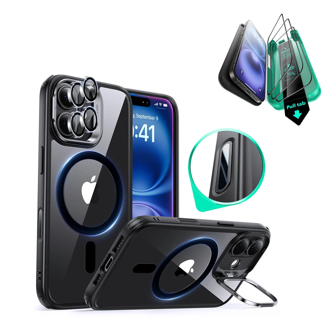 iPhone 16 Plus HaloLock Classic Hybrid Case Protection Bundle (Camera Control, Stash Stand) - Clear Black ESR ESR