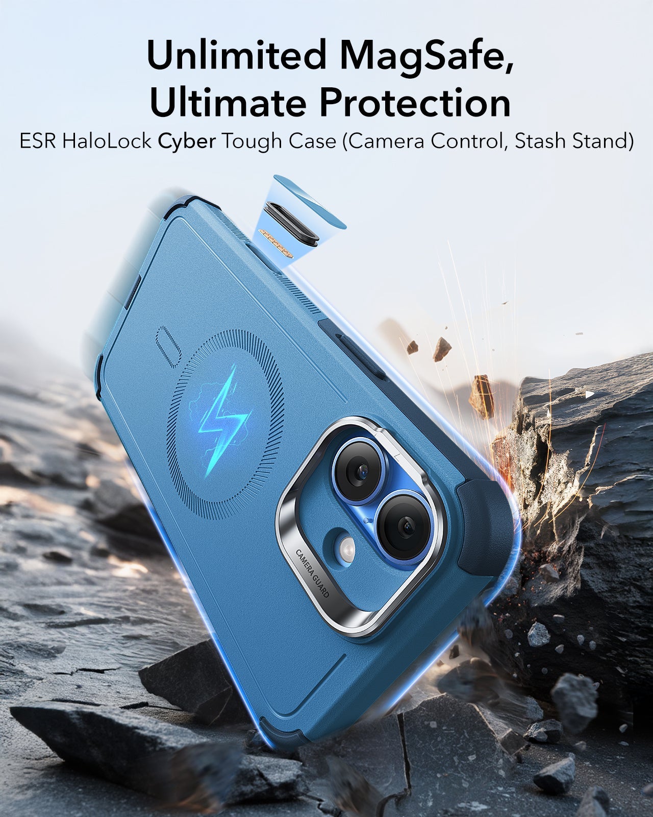 iPhone 16 Plus Cyber Tough Magnetic Case (Camera Control, Stash Stand) - Light Blue ESR ESR
