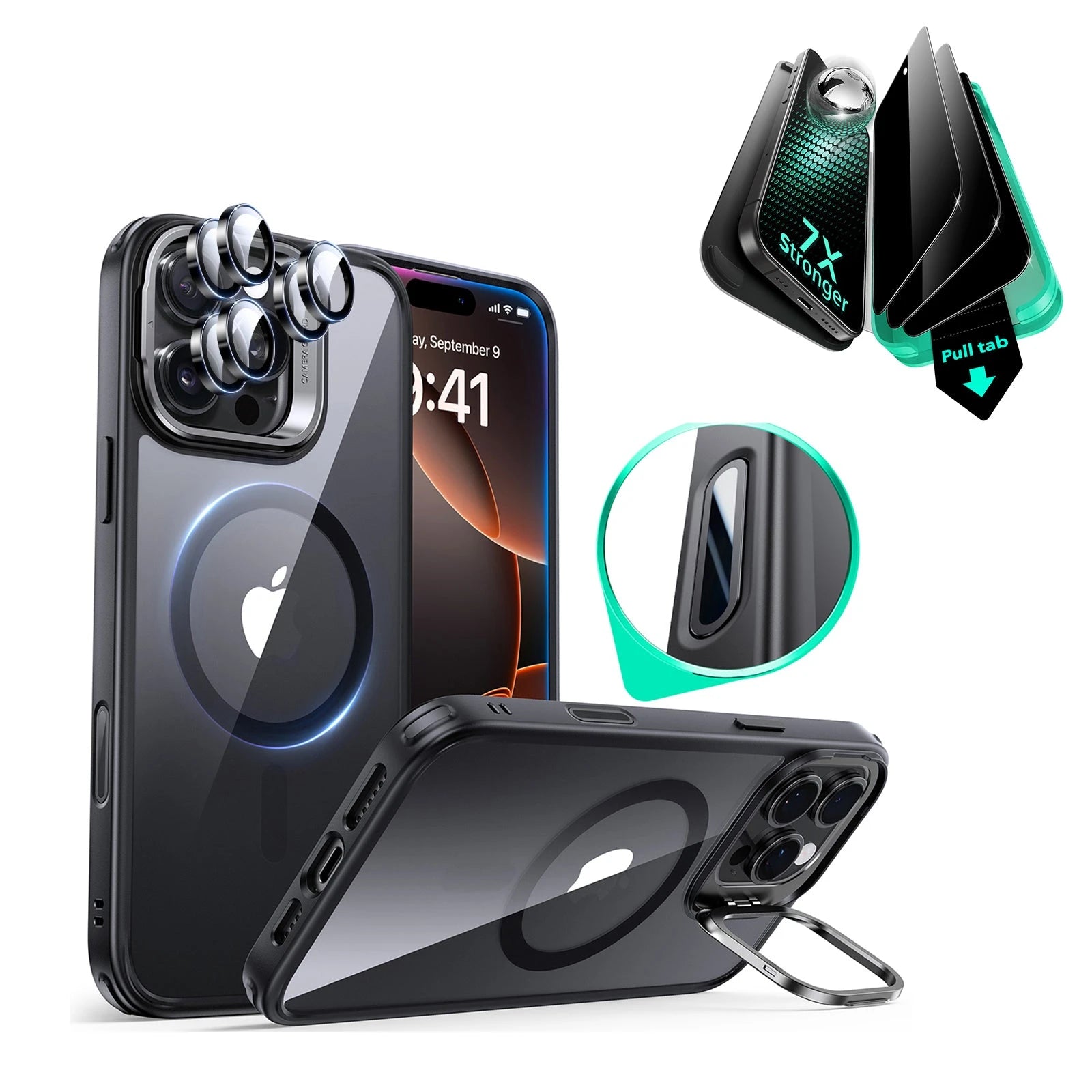 iPhone 16 Pro Max Classic Hybrid Magnetic Case (Camera Control, Stash Stand) & Privacy Screen Protector Bundle - Clear Black ESR ESR