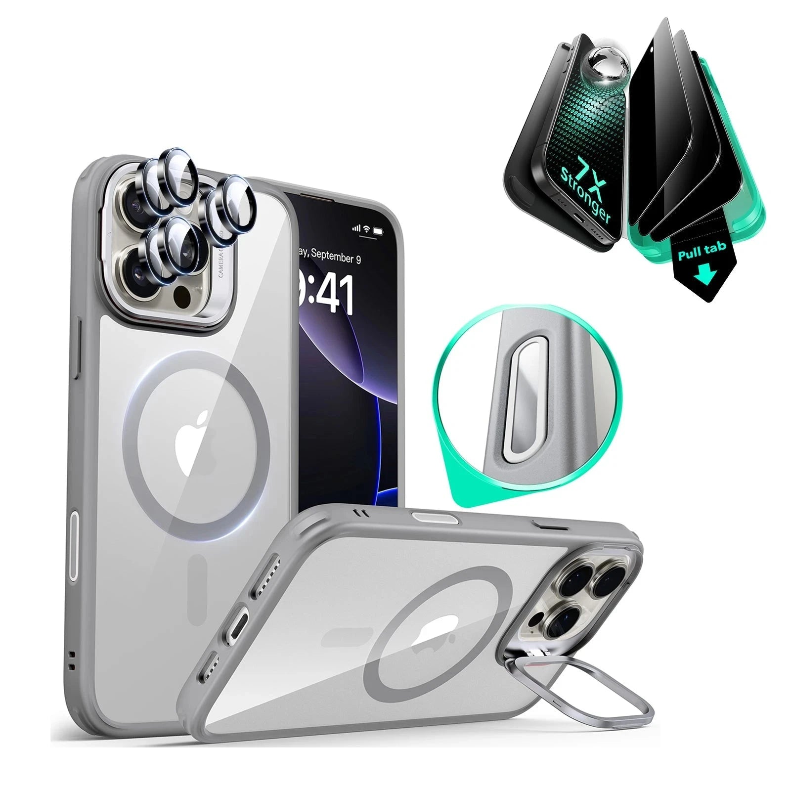 iPhone 16 Pro Max Classic Hybrid Magnetic Case (Camera Control, Stash Stand) & Privacy Screen Protector Bundle - Clear Grey ESR ESR