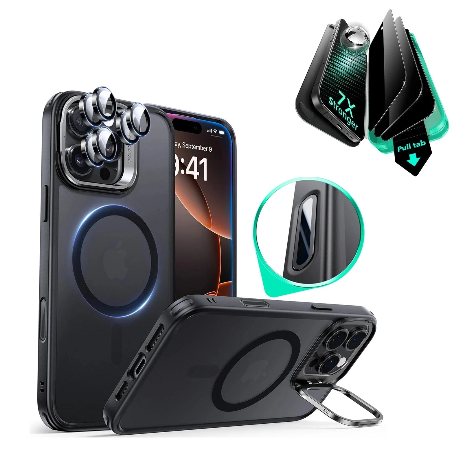 iPhone 16 Pro Max Classic Hybrid Magnetic Case (Camera Control, Stash Stand) & Privacy Screen Protector Bundle - Frosted Black ESR ESR
