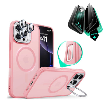 iPhone 16 Pro Max Classic Hybrid Magnetic Case (Camera Control, Stash Stand) & Privacy Screen Protector Bundle - Frosted Pink ESR ESR
