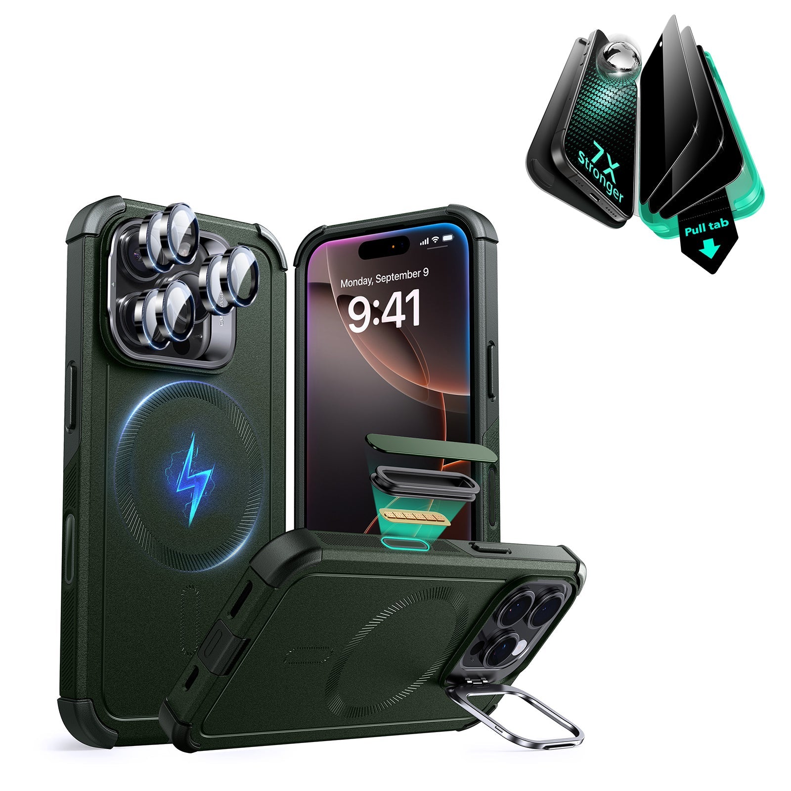 Army Green iPhone 16 Pro Bundle Cyber Tough MagSafe Case & Privacy ...
