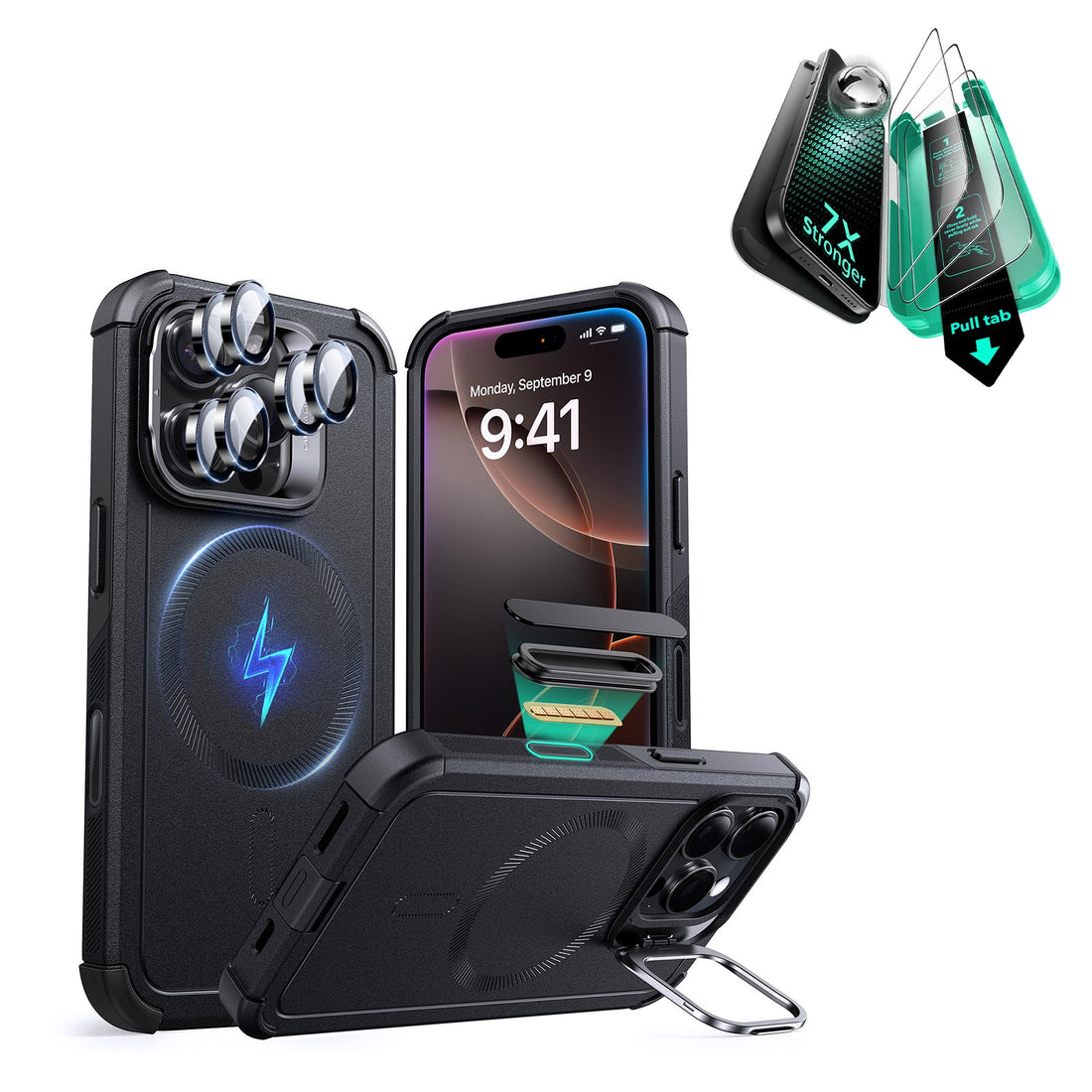 iPhone 16 Pro Cyber Tough Magnetic Case Protection Bundle (Camera Control, Stash Stand) - Black ESR ESR