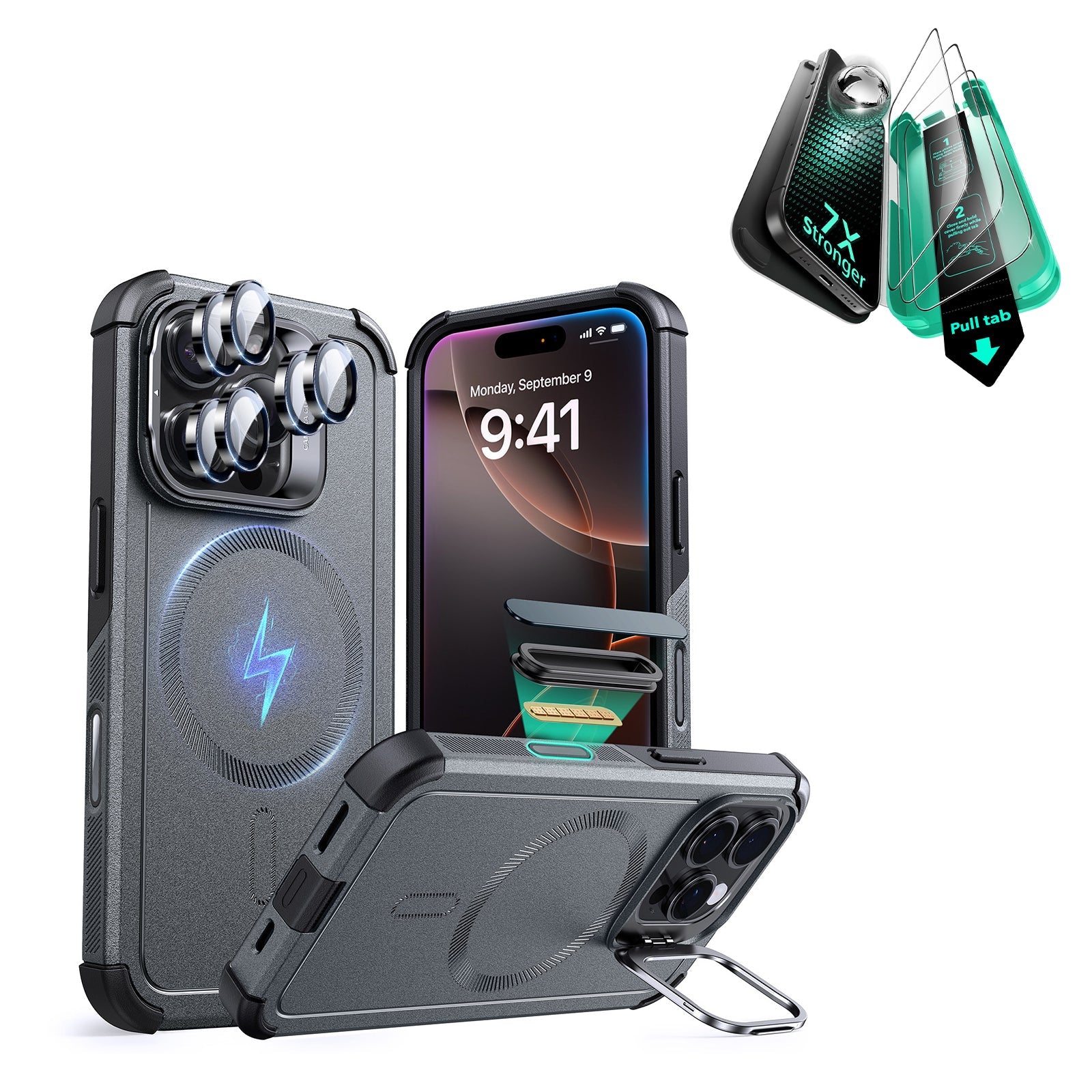iPhone 16 Pro Cyber Tough Magnetic Case Protection Bundle (Camera Control, Stash Stand) - Grey ESR ESR