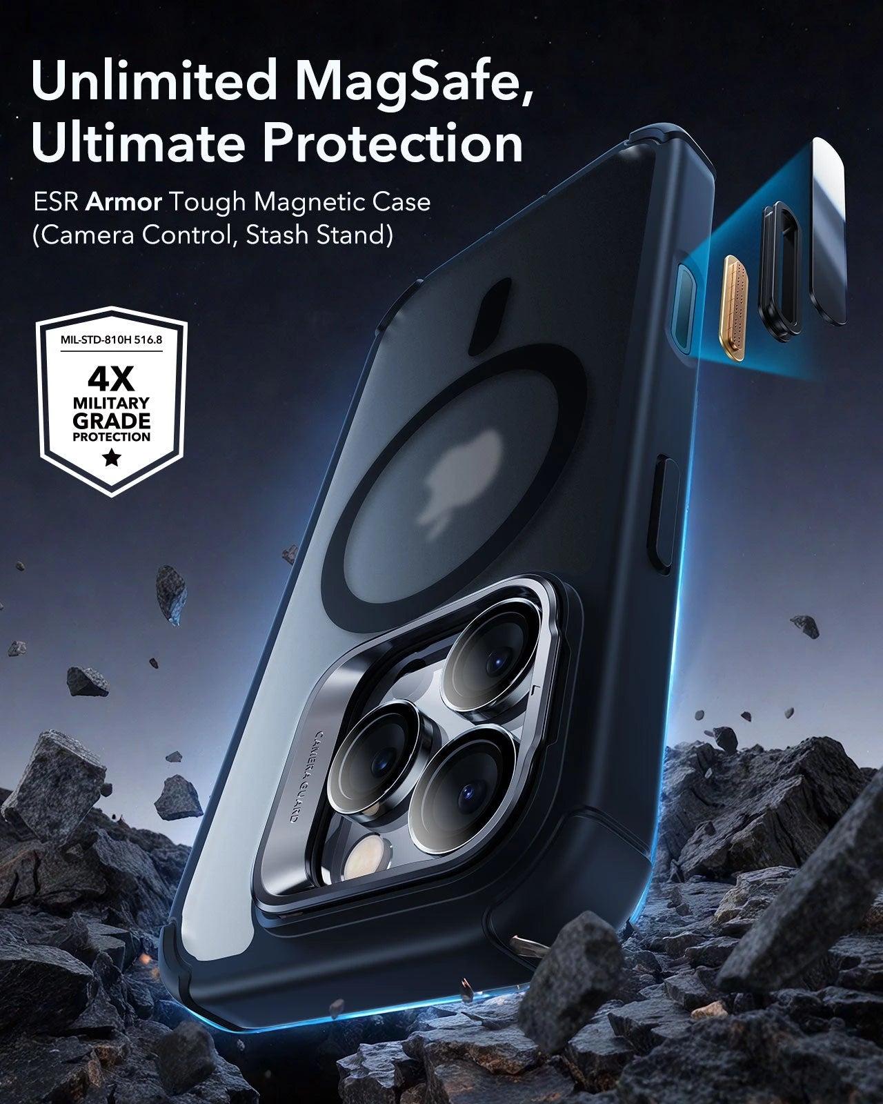 iPhone 16 Pro Armor Tough Magnetic Case (Camera Control, Stash Stand) - Frosted Black ESR ESR