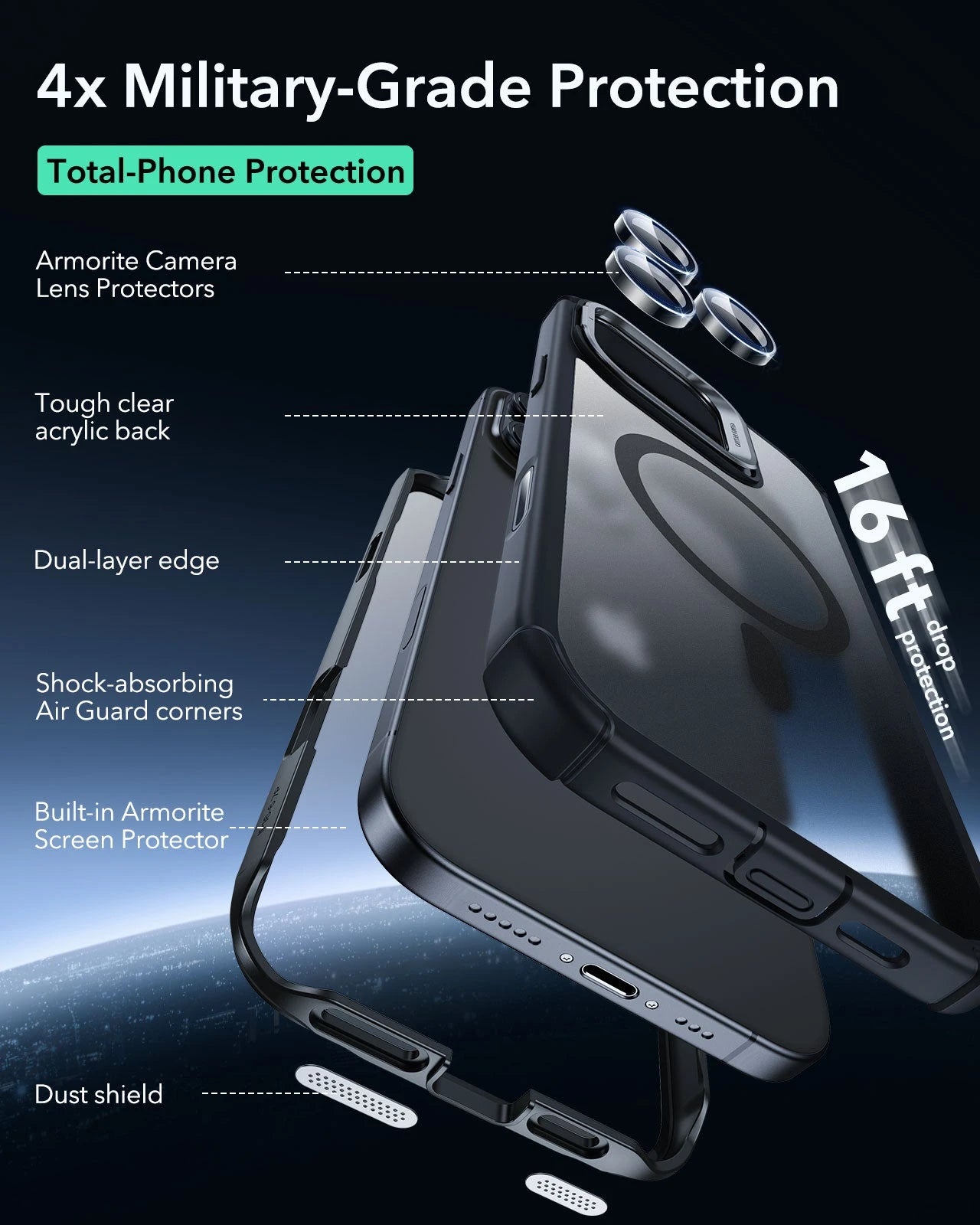 iPhone 16 Pro Armor Tough Magnetic Case (Camera Control, Stash Stand) - Frosted Black ESR ESR