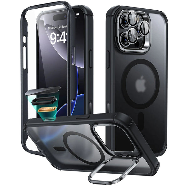 iPhone 16 Pro Max Black Armor Tough Magnetic Phone Case with Stand