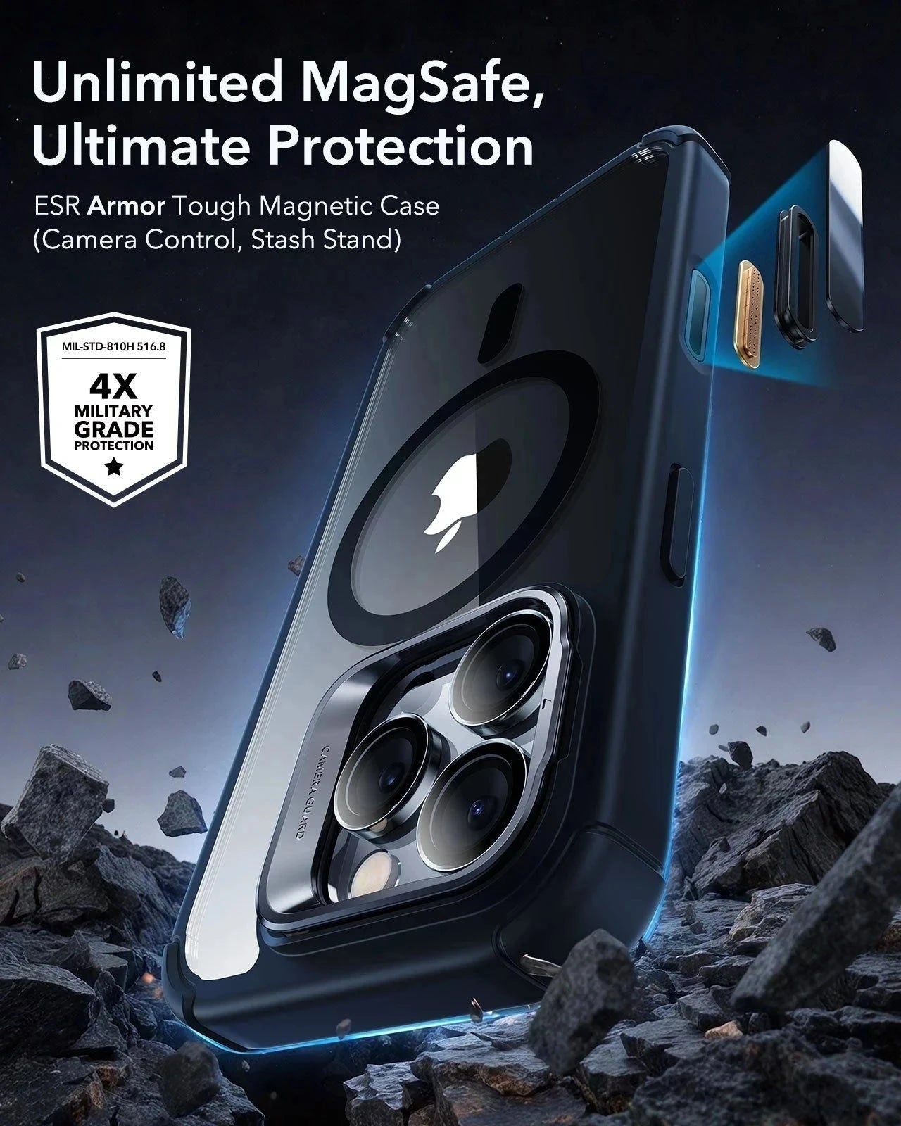 iPhone 16 Pro Armor Tough Magnetic Case (Camera Control, Stash Stand) - Clear Black（复制） ESR ESR