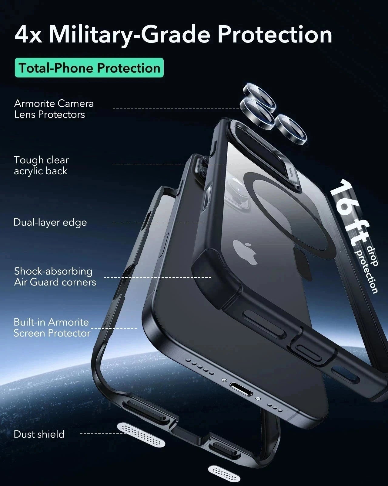 iPhone 16 Pro Armor Tough Magnetic Case (Camera Control, Stash Stand) - Clear Black（复制） ESR ESR