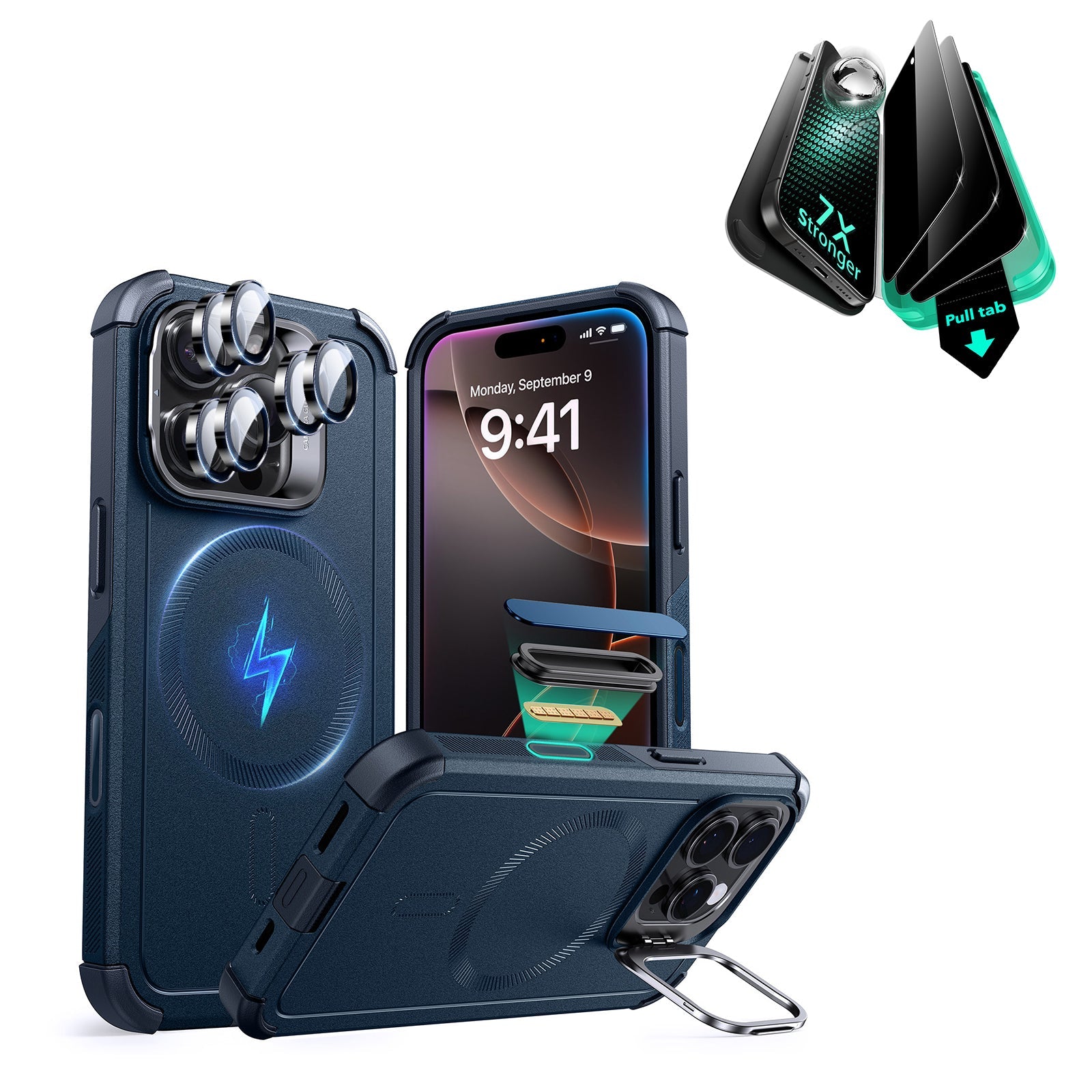 iPhone 16 Pro Max Cyber Tough Magnetic Case Privacy Protection Bundle (Camera Control, Stash Stand) - Navy Blue ESR ESR